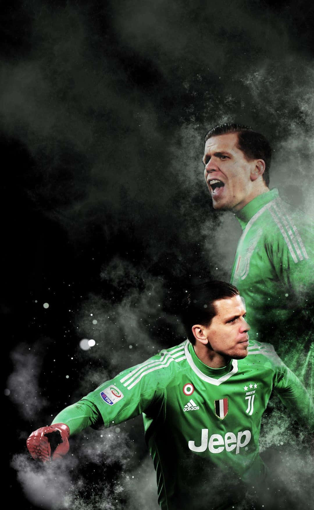 Wojciech Szczesny 桌布 壁紙 — 一位身穿綠色球衣的動感足球守門員，從旋轉的煙霧中出現，帶著強烈的專注和力量。