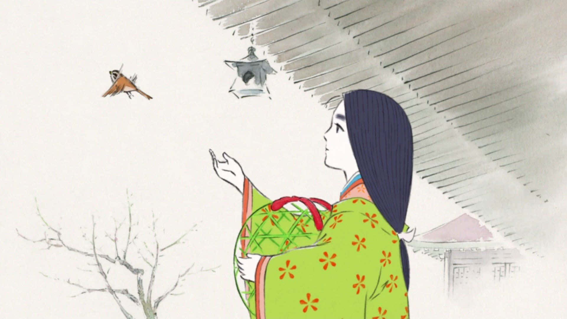 The Tale Of The Princess Kaguya 桌布 壁紙 — 一位身穿綠色花卉和服的女性在傳統日本屋頂下伸手觸碰一隻飛翔的鳥。