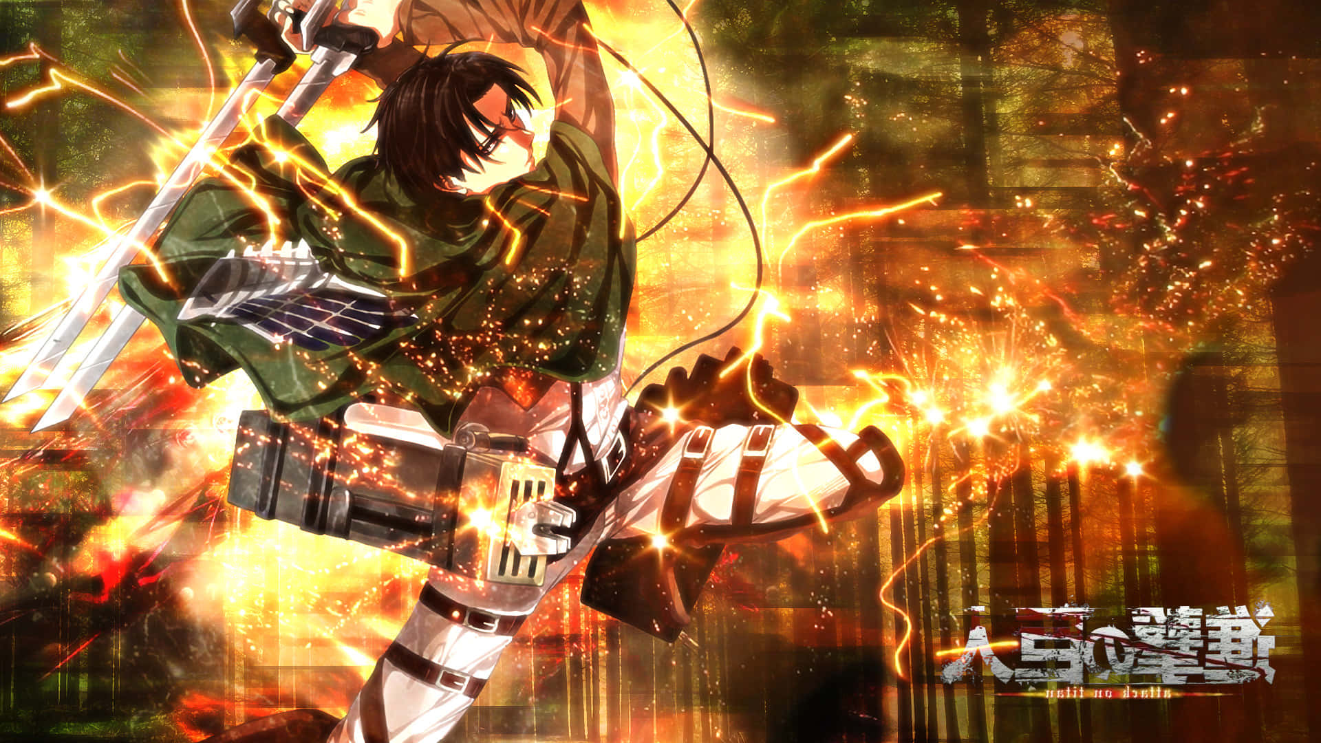 Attack On Titan Video Game 桌布 壁紙 — 一位身穿綠色裝備的動態動漫戰士，在爆炸性的金色能量和熾熱火花中揮舞著劍。