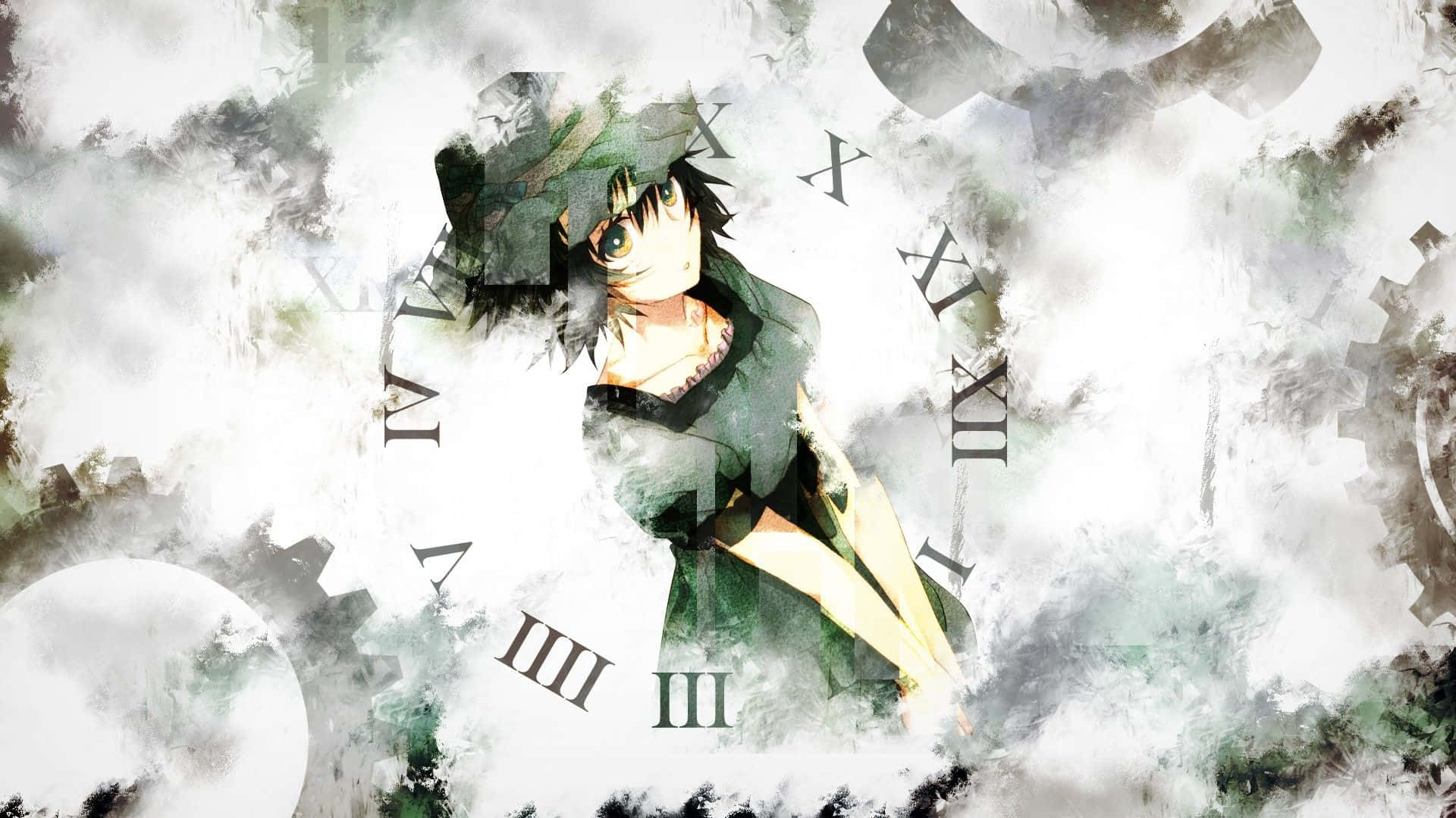Steins Gate 桌布 壁紙 — 一位身穿綠色長袍、深色頭髮的動漫女孩站在旋轉的迷霧和漂浮的羅馬數字與齒輪之間。
