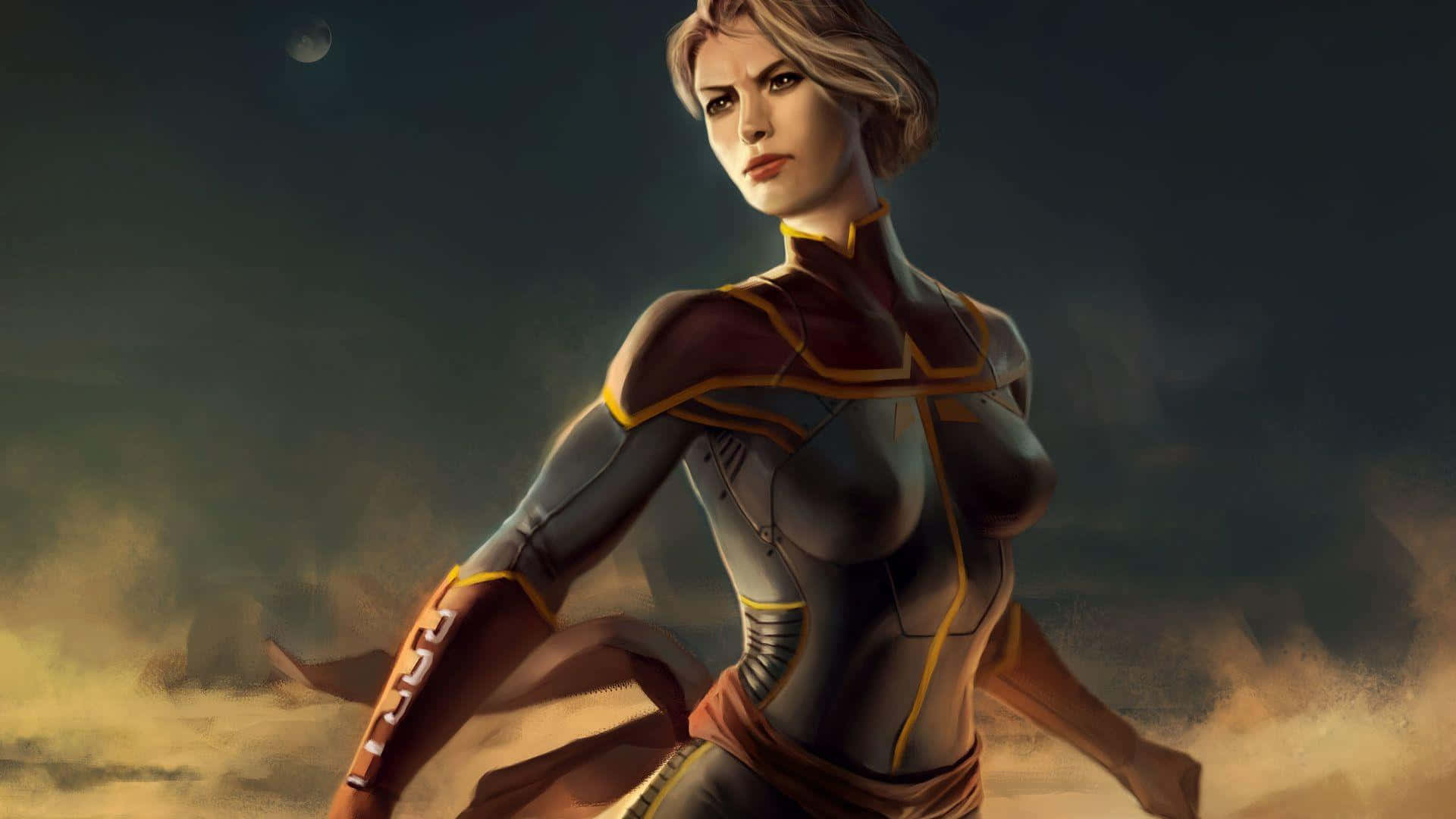Captain Marvel HD 桌布 壁紙 — 一位身穿緊身套裝的兇猛女超級英雄，自信地站在新月映襯的暴風雨暮色天空下。