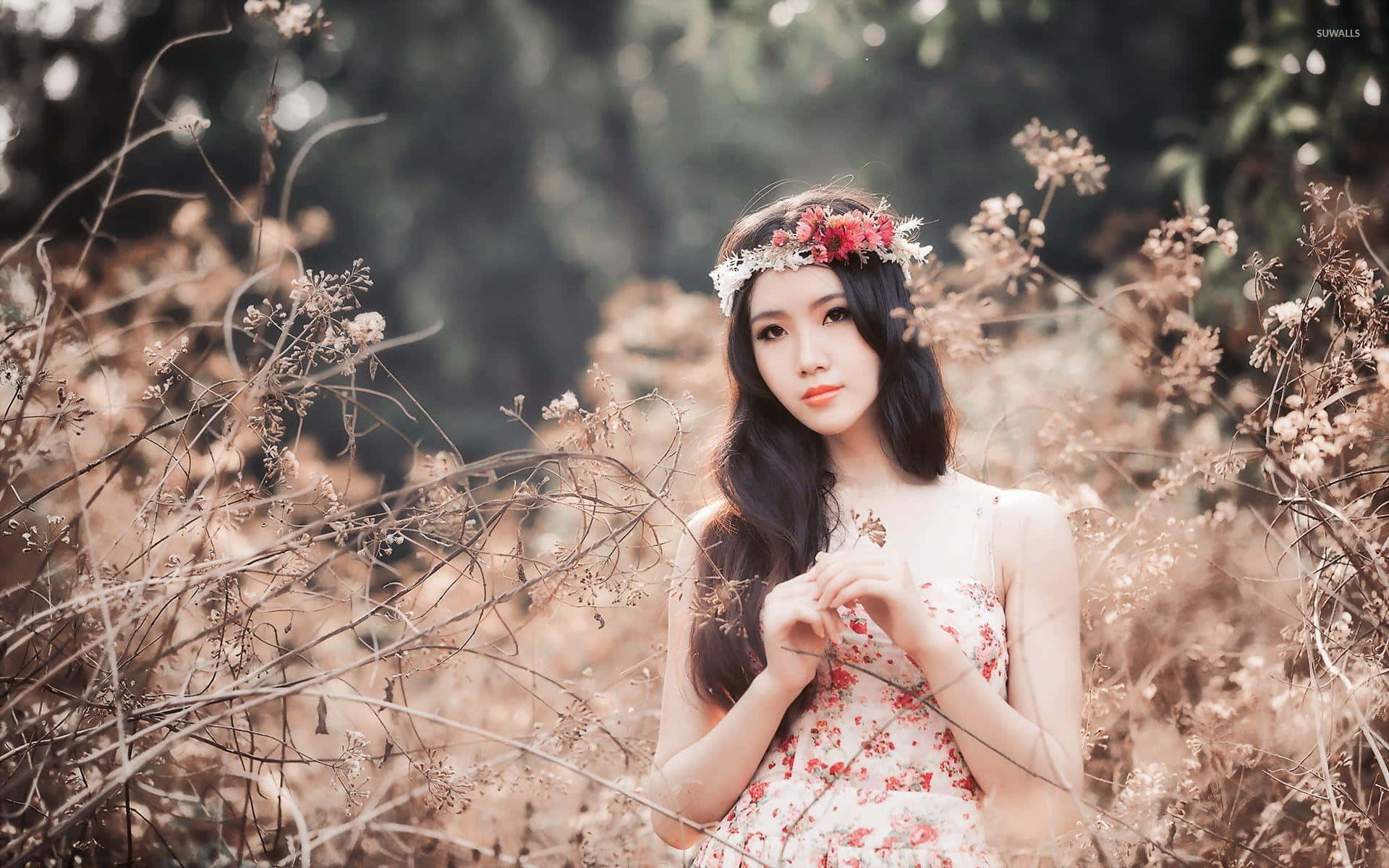 Floral Crown 桌布 壁紙 — 一位身穿花卉連衣裙、頭戴皇冠的女性，在柔和自然光下站在金棕色野草中。