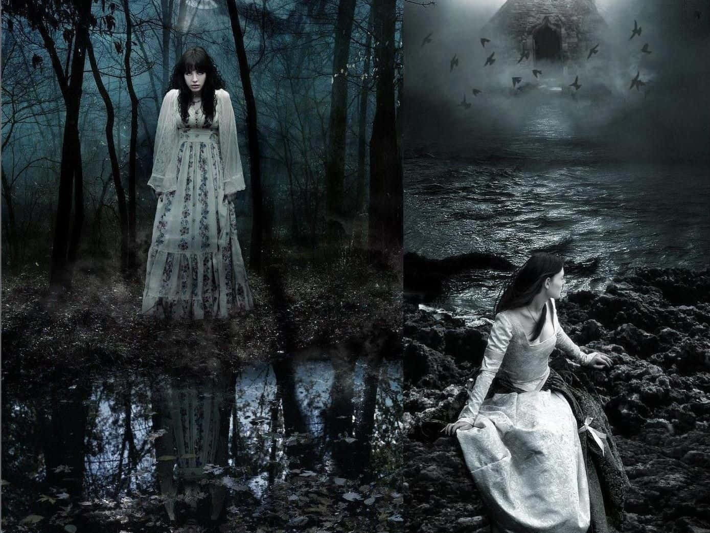 Dark Gothic 桌布 壁紙 — 一位身穿花卉長袍的幽靈女子站在迷霧森林中，而另一位則坐在黑暗水道旁，鳥兒在搖搖欲墜的房子附近飛翔。