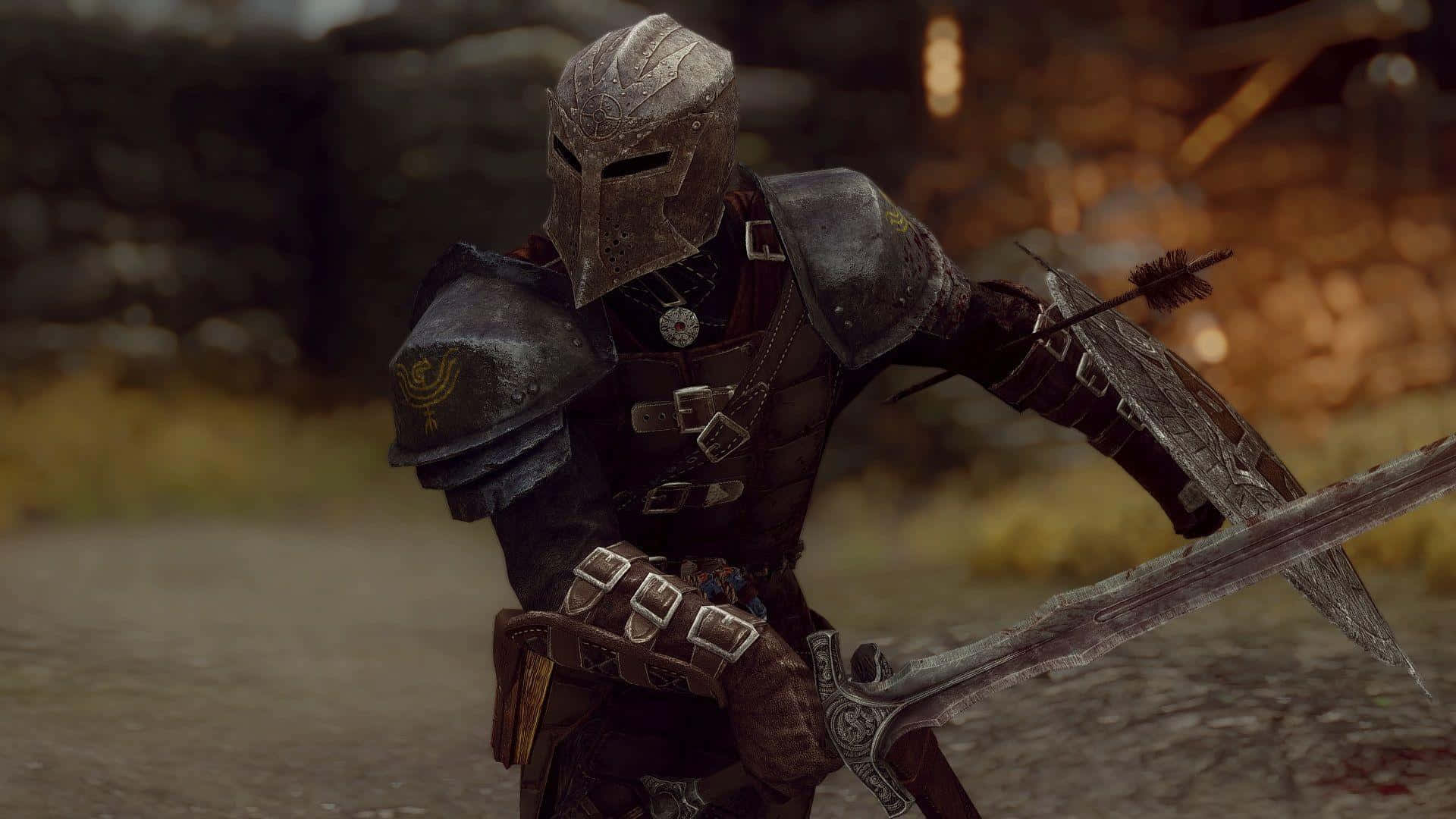 Skyrim Dawnguard 桌布 壁紙 — 一位身穿華麗暗色盔甲的騎士，在質樸的戶外環境中手持劍和盾牌擺好姿勢。