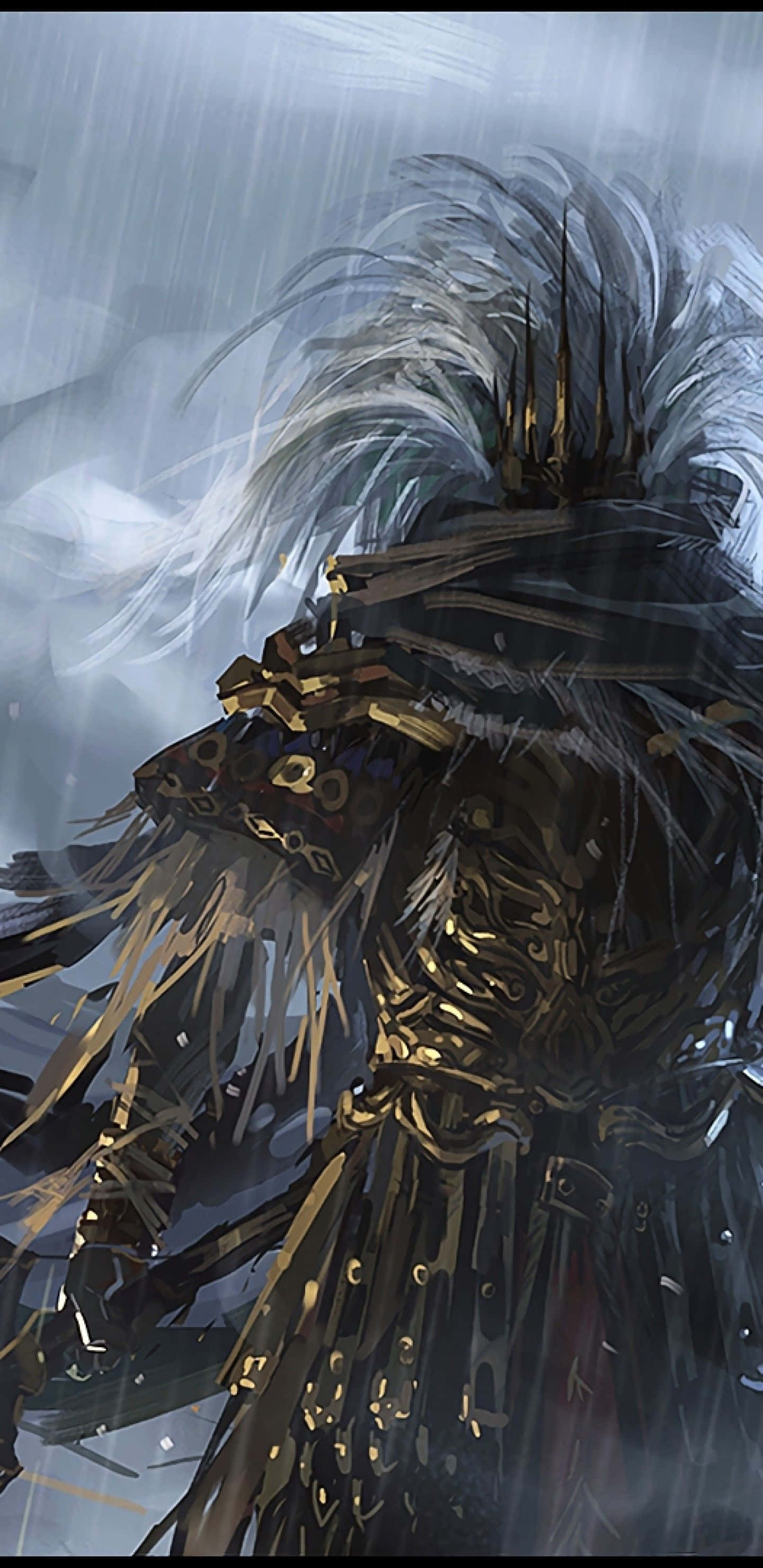 Nameless King 桌布 壁紙 — 一位身穿華麗暗色鎧甲、帶有金色裝飾的戰士站在暴風雨中，風吹動他們的白髮和斗篷。