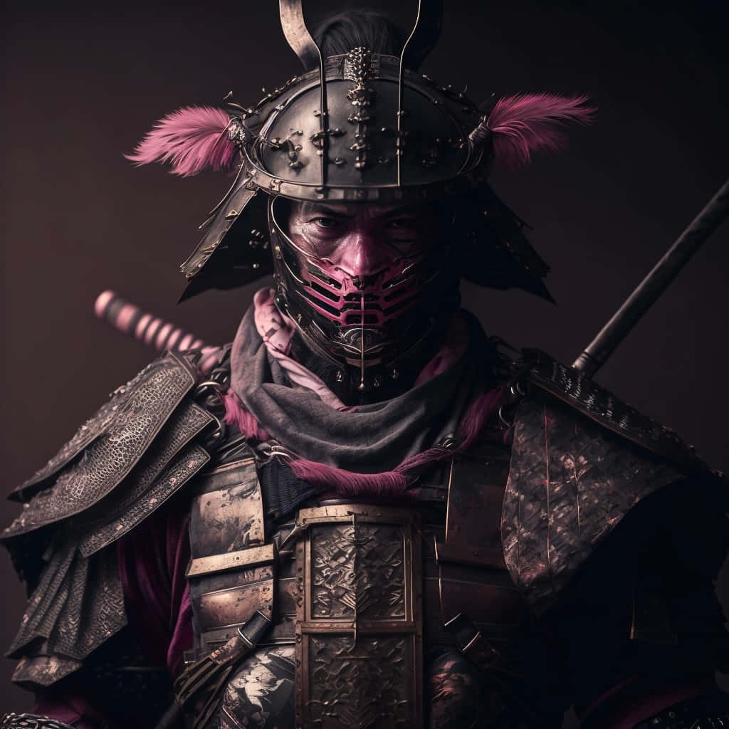 Samurai Armor 桌布 壁紙 — 一位身穿華麗深色盔甲、帶有粉紅色羽毛點綴的武士戰士，在陰鬱的背景中凝視著。