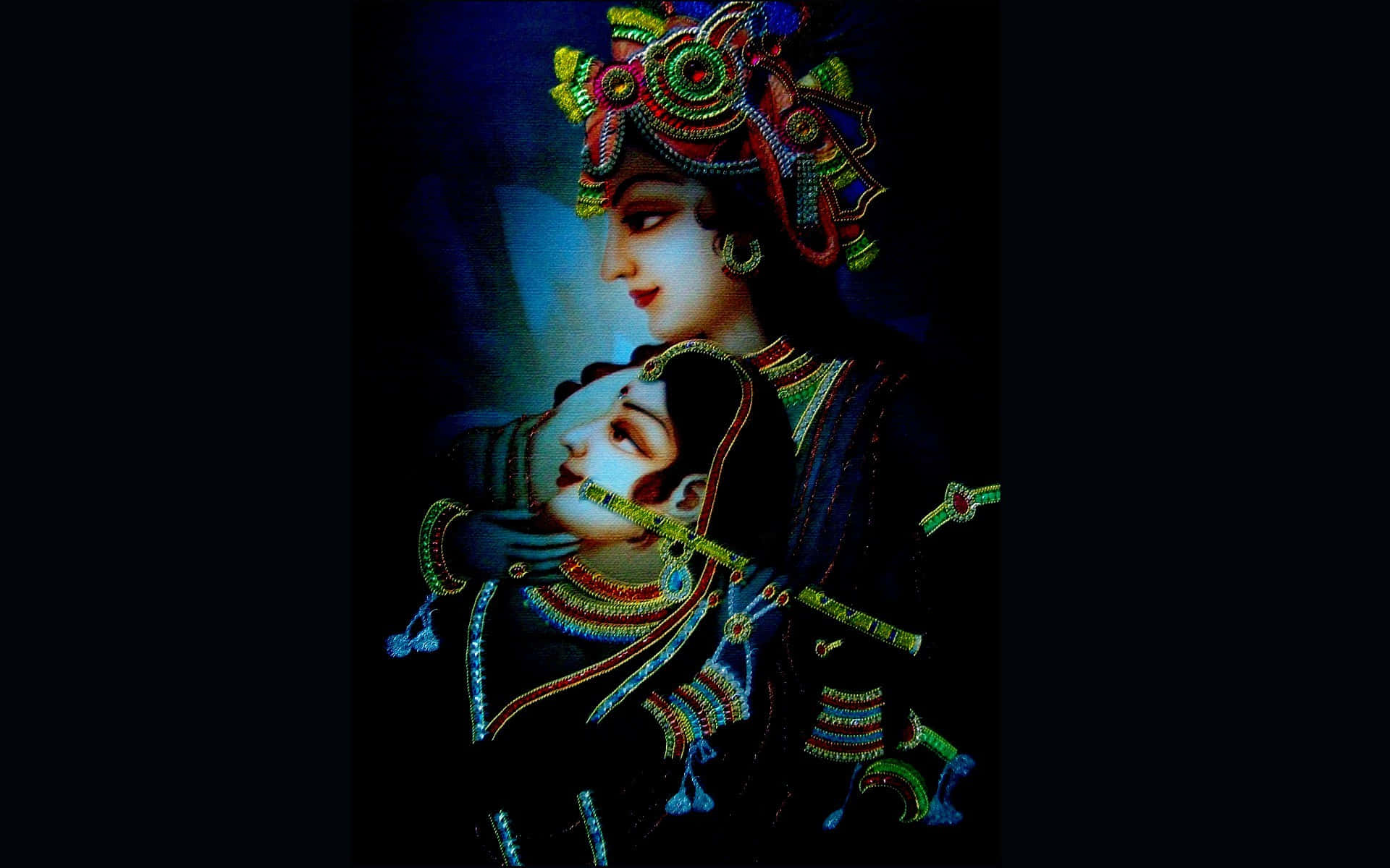 artwork 桌布 壁紙 — 一位身穿華麗珠寶的神聖人物，在深藍色背景下，輕輕地將笛子放在另一個人的唇邊。