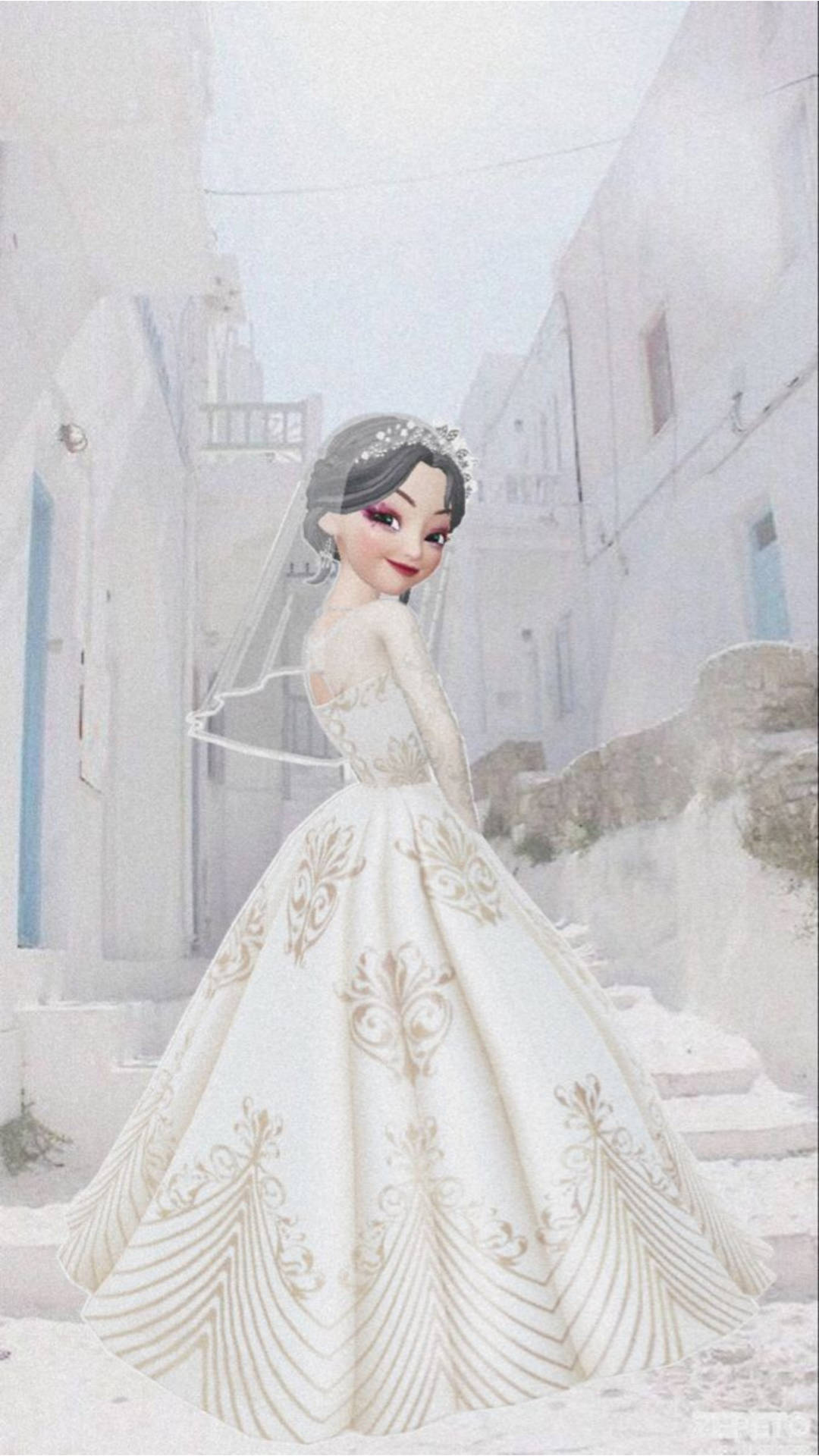身穿華麗白色婚紗、飾有金色刺繡的新娘，站在白色希臘小巷中。 — 美學白色動態圖 壁紙