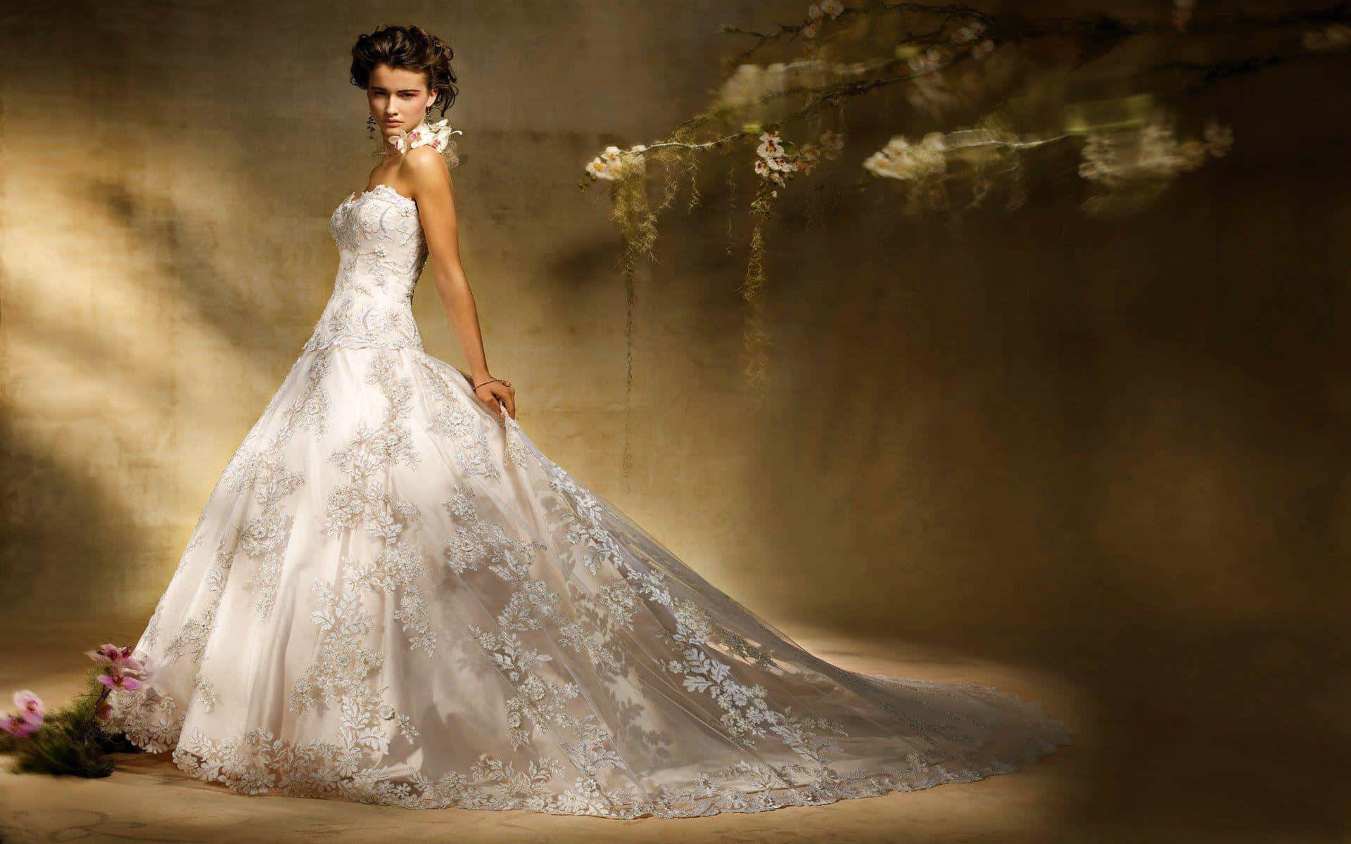 Wedding Dress 桌布 壁紙 — 一位身穿華麗白色婚紗的新娘，在溫暖的金色光線下優雅地站立，花枝在空中飄浮。