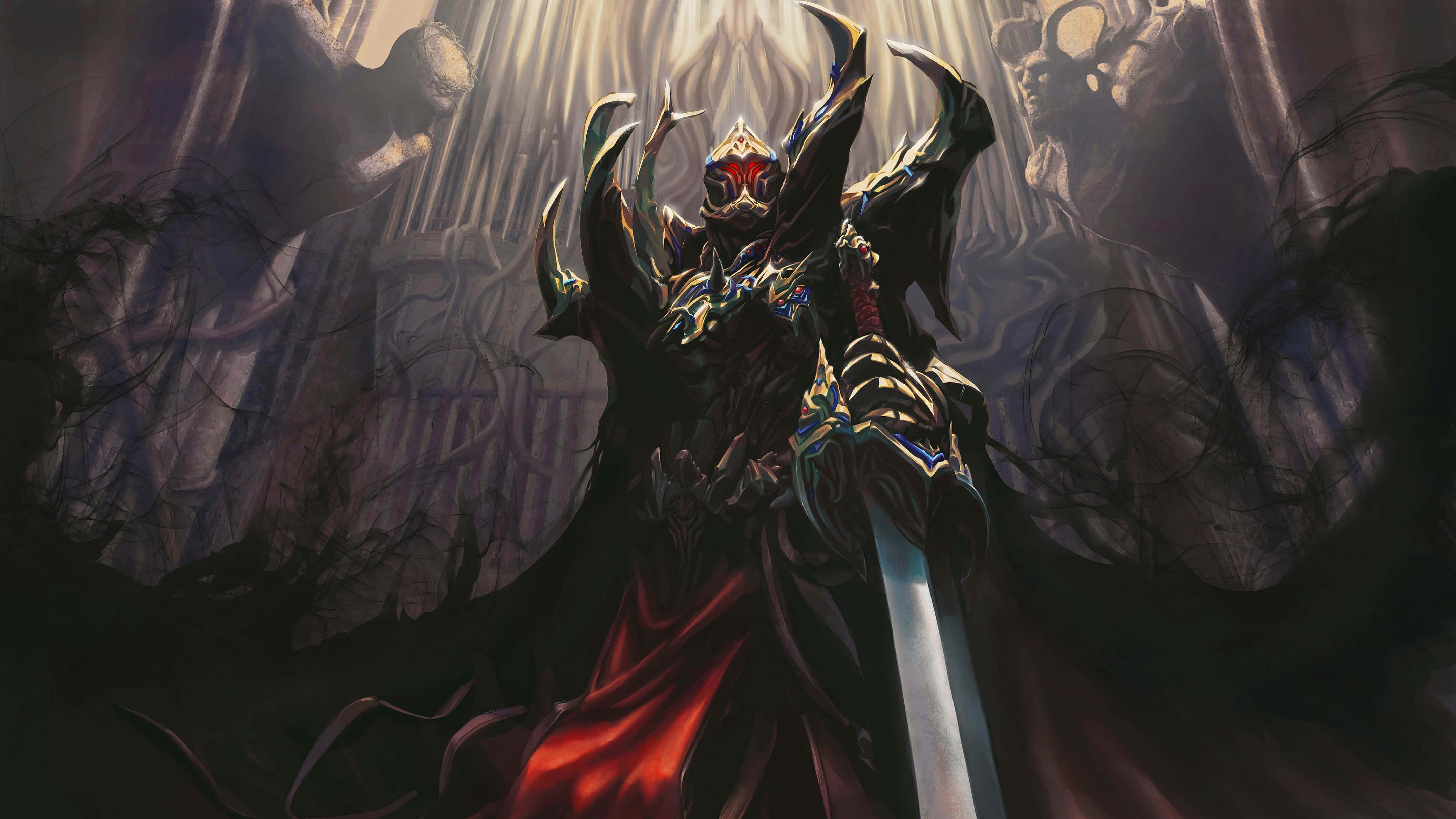 Demon Fighting 桌布 壁紙 — 一位身穿華麗盔甲和紅色斗篷的黑暗奇幻戰士，在一個有發光符文和骷髏身影的陰暗大教堂中挑釁地站立。