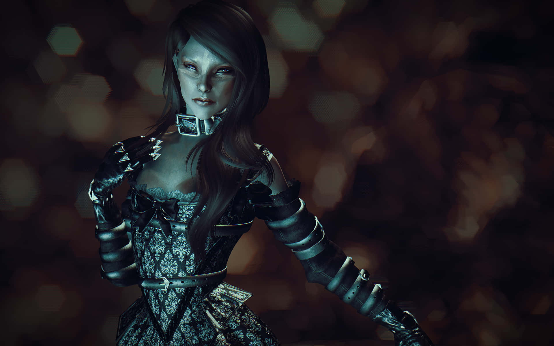 Skyrim Karliah 桌布 壁紙 — 一位身穿華麗盔甲和緊身胸衣的黑暗奇幻女性，在模糊散景背景中閃爍六角形燈光下擺出姿勢。