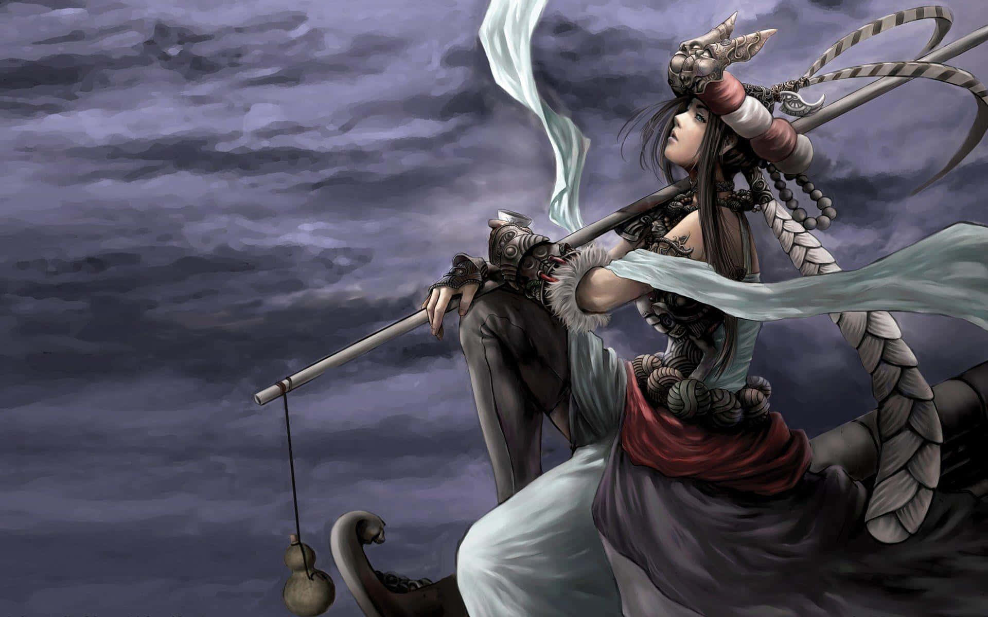 3d Fantasy 桌布 壁紙 — 一位身穿華麗盔甲和飄逸長袍的女戰士，在暴風雨般的紫色天空下手持法杖。