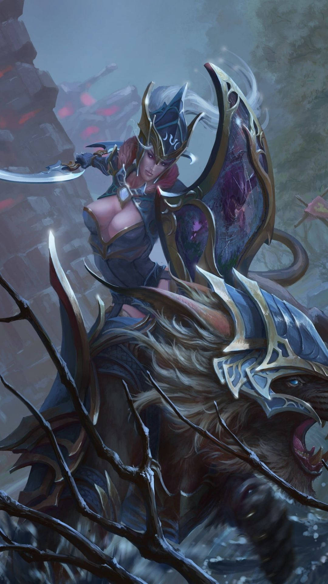 遊戲 桌布 壁紙 — 一位身穿華麗盔甲的兇猛女戰士騎著咆哮的野獸，穿越迷霧籠罩、滿佈廢墟的戰場。