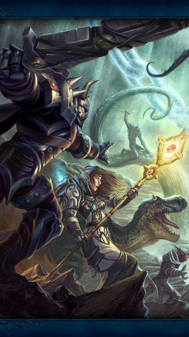 遊戲 桌布 壁紙 — 一位身穿華麗盔甲的奇幻戰士，在咆哮的巨龍旁邊揮舞著發光法杖，與巨大的機械野獸戰鬥。