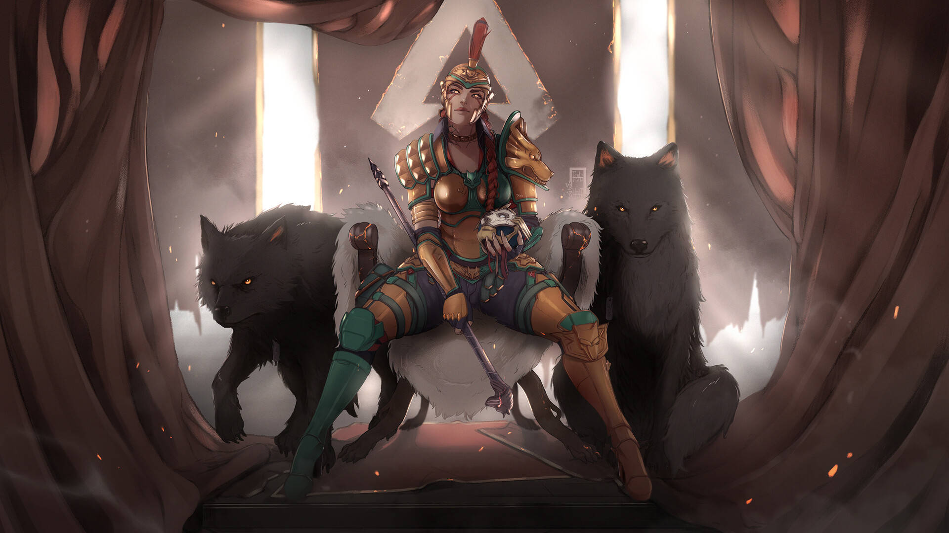 遊戲 桌布 壁紙 — 一位身穿華麗盔甲的女戰士威嚴地坐著，兩旁有兩隻黑狼，身後有發光的光線，上方有垂簾。