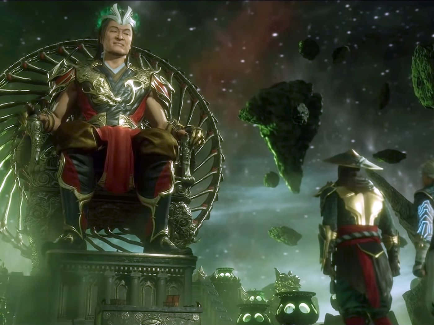Mortal Kombat Shang Tsung 桌布 壁紙 — 一位身穿華麗盔甲的威嚴戰士坐在帶刺的王座上，背景是星空和漂浮的綠色小行星。