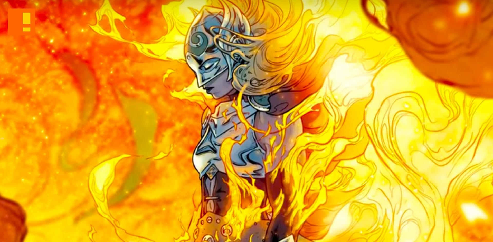 Jane Foster 桌布 壁紙 — 一位身穿華麗盔甲的戰士站在旋轉的火焰中，散發著橙色和黃色的光芒。
