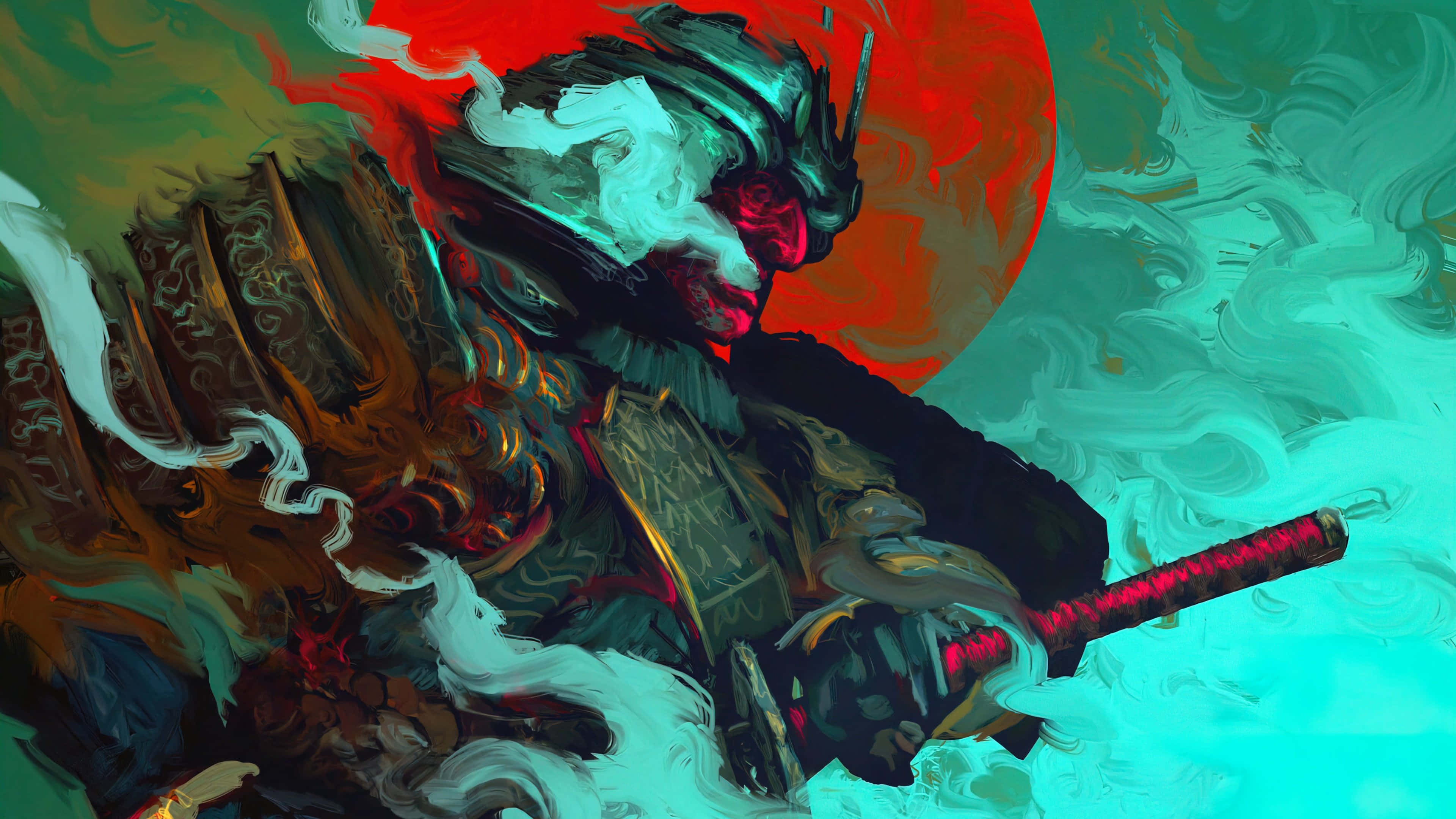 武士 桌布 壁紙 — 一位身穿華麗盔甲的武士戰士，在旋轉的紅色和藍綠色背景上，握著一把武士刀，背景中有一輪發光的紅日。