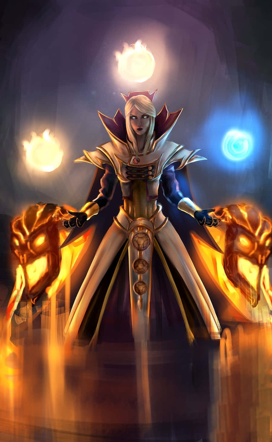 Dota 2 Invoker 桌布 壁紙 — 一位身穿華麗盔甲的皇室奇幻法師，在黑暗神秘背景下，用發光的雙手操控火焰與冰霜魔法球。