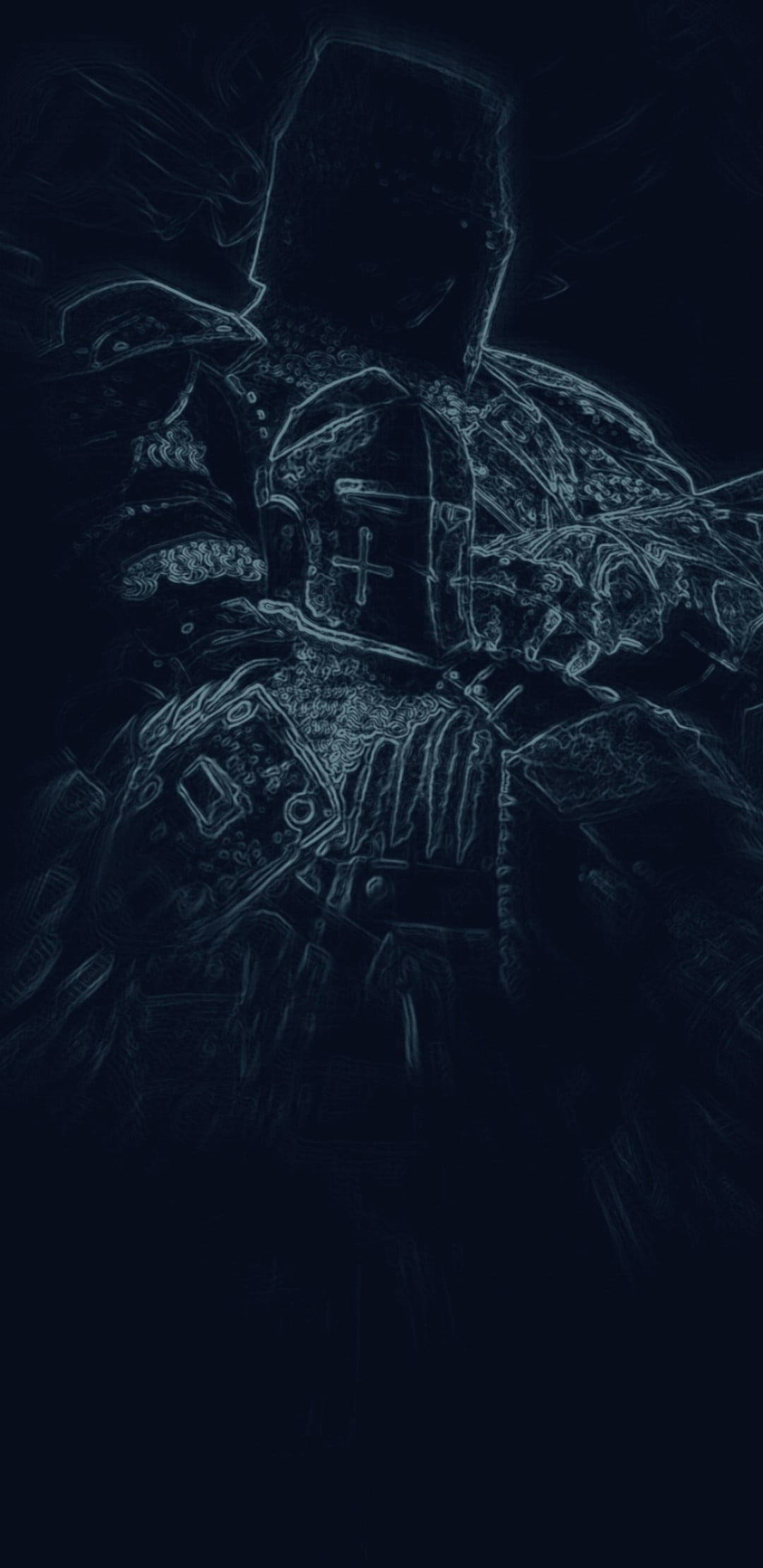 Phone Screen 桌布 壁紙 — 一位身穿華麗盔甲的騎士，在黑暗虛空中散發著空靈的藍色光芒，充滿神秘與遠古力量。