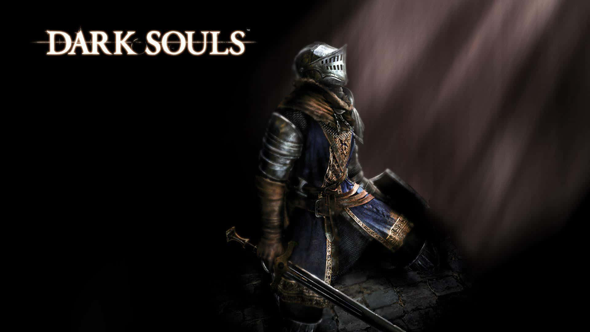 Dark Souls 騎士身穿盔甲在昏暗光線中跪著持劍。 — 黑暗靈魂 GIF 壁紙