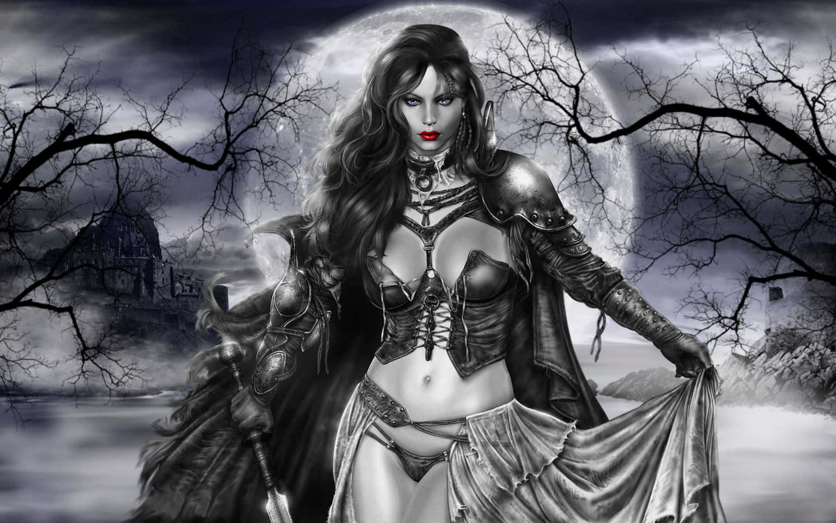 Dark Vampire 桌布 壁紙 — 一位身穿華麗盔甲的黑暗奇幻女戰士站在滿月前，背景中有光禿的樹木和迷霧中的廢墟。