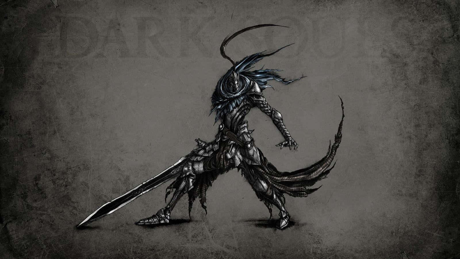 Dragon Slayer Ornstein 桌布 壁紙 — 一位身穿華麗盔甲的黑暗奇幻戰士，在粗糙紋理的灰色背景前揮舞長劍。
