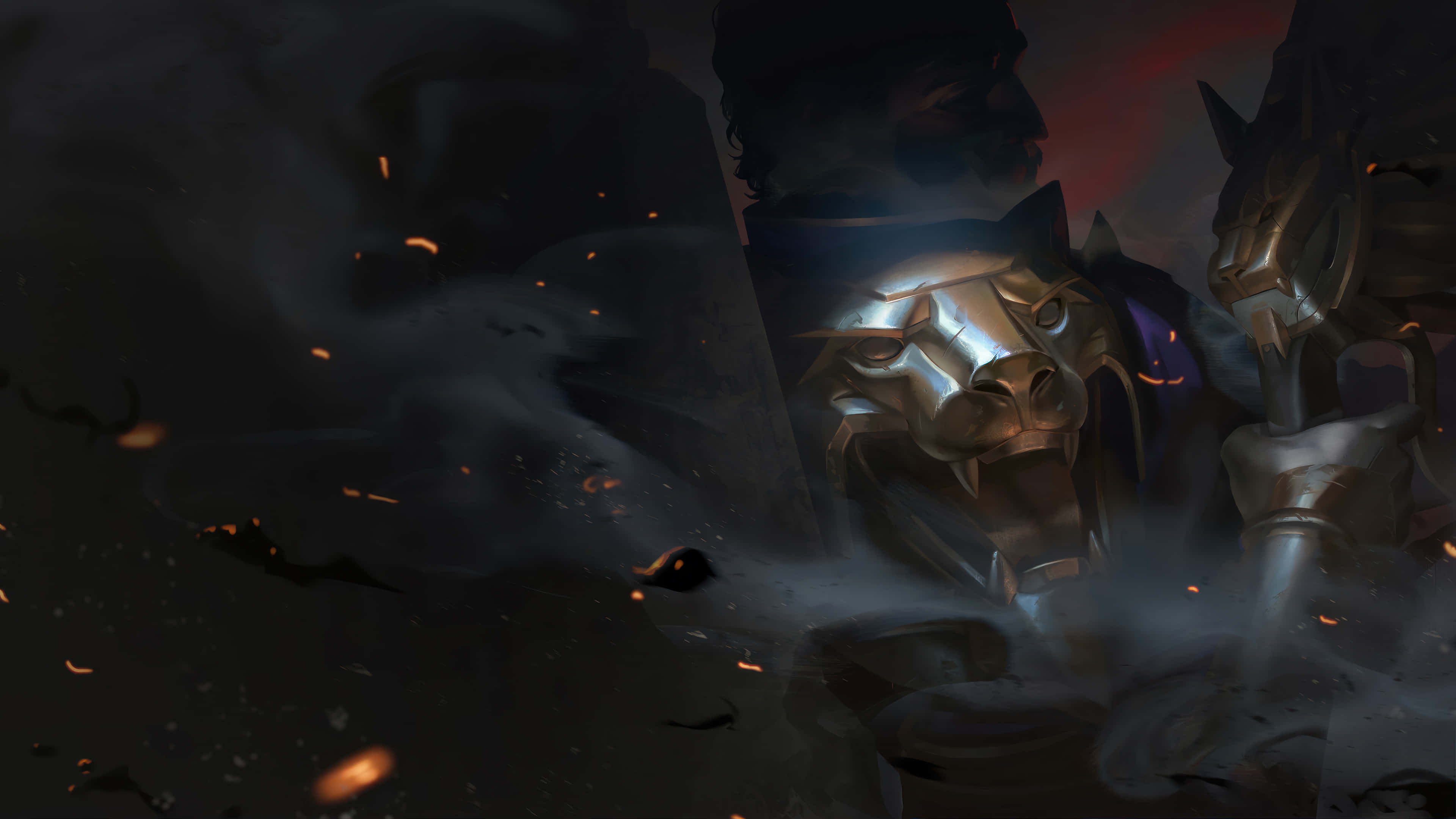 League Of Legends Champions 桌布 壁紙 — 一位身穿華麗盔甲的黑暗奇幻戰士從旋轉的煙霧中出現，周圍漂浮著發光的餘燼。