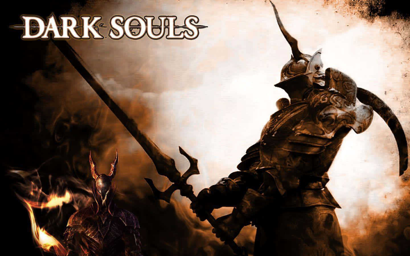 Dark Souls 騎士身穿盔甲，手持劍，背景有火焰和一個帶角的敵人。 — 黑暗靈魂 GIF 壁紙