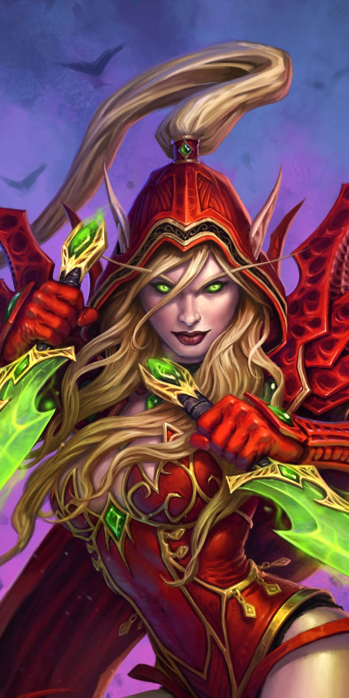 遊戲 桌布 壁紙 — 一位身穿華麗紅色盔甲、兇猛的女惡魔獵人，在紫色暮光天空下揮舞著發光的綠色刀刃，蝙蝠在空中飛翔。
