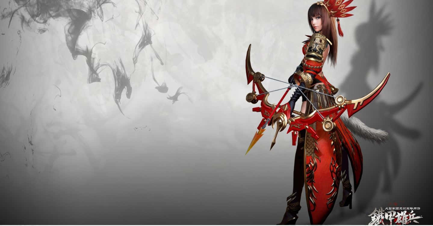 Blood Of Steel 桌布 壁紙 — 一位身穿華麗紅色鎧甲的女戰士，在煙霧繚繞的灰色背景中，手持彎弓，身後有陰影人物。