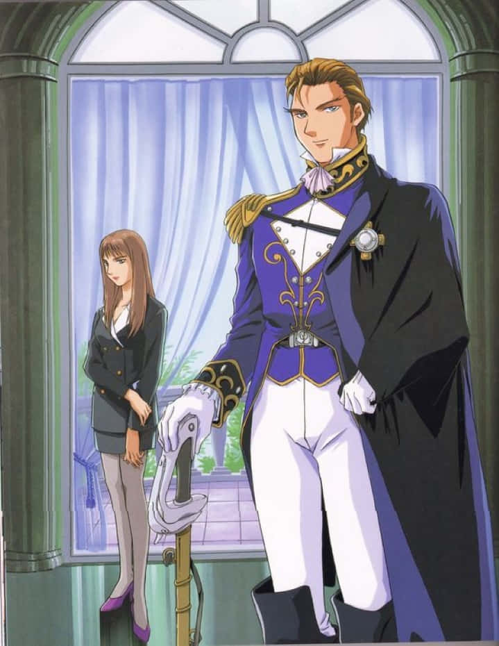 treize khushrenada 桌布 壁紙 — 一位身穿華麗紫白色制服嘅貴族企喺一個著深色西裝嘅女人旁邊，附近有一個大拱形窗。