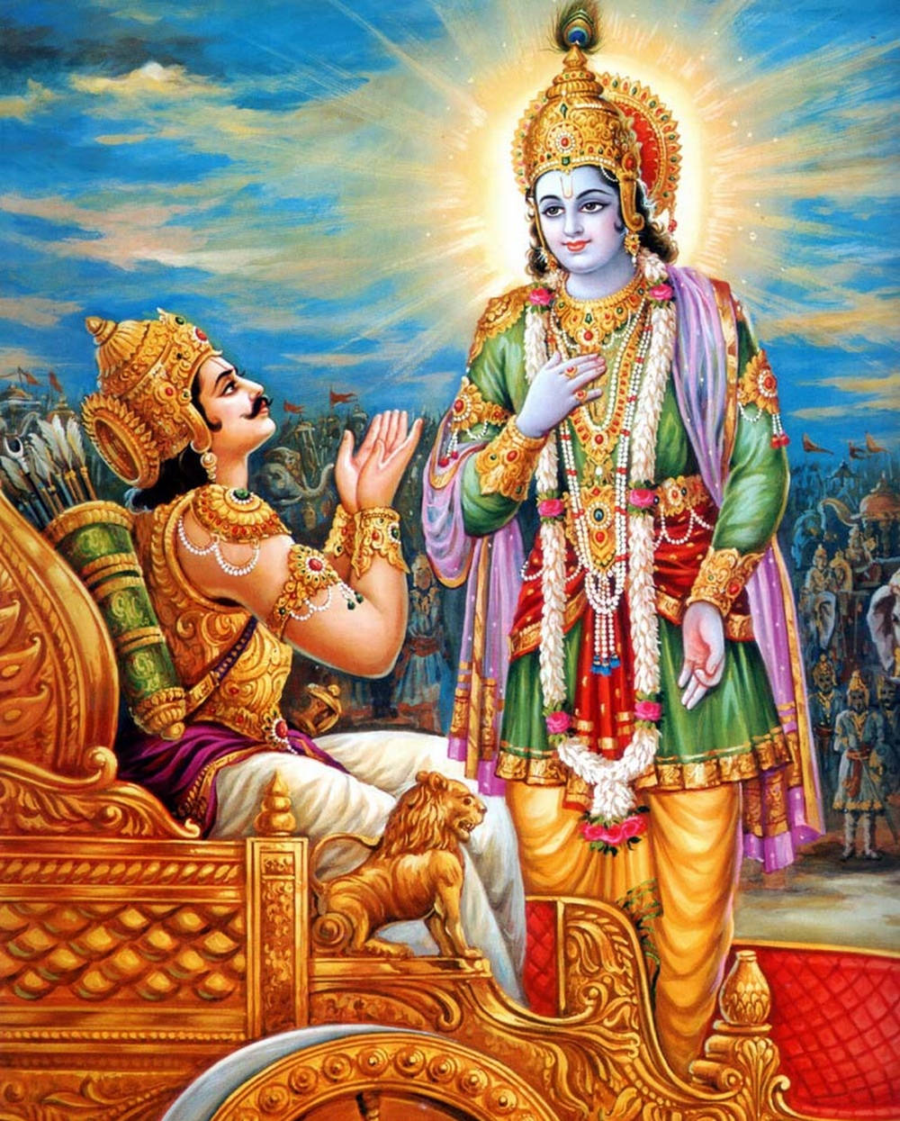 Indian 桌布 壁紙 — 一位身穿華麗綠色和金色服飾的神聖人物，散發著光環，接受跪在金色戰車上的皇室人物的致敬。