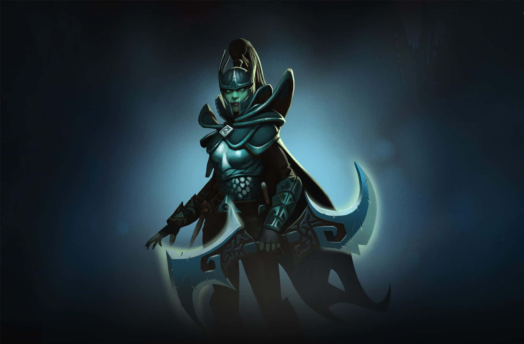 Phantom Assassin 桌布 壁紙 — 一位身穿華麗藍色盔甲和連帽斗篷的黑暗奇幻戰士，在煙霧繚繞的藍色背景下，手持發光的彎曲刀刃蓄勢待發。