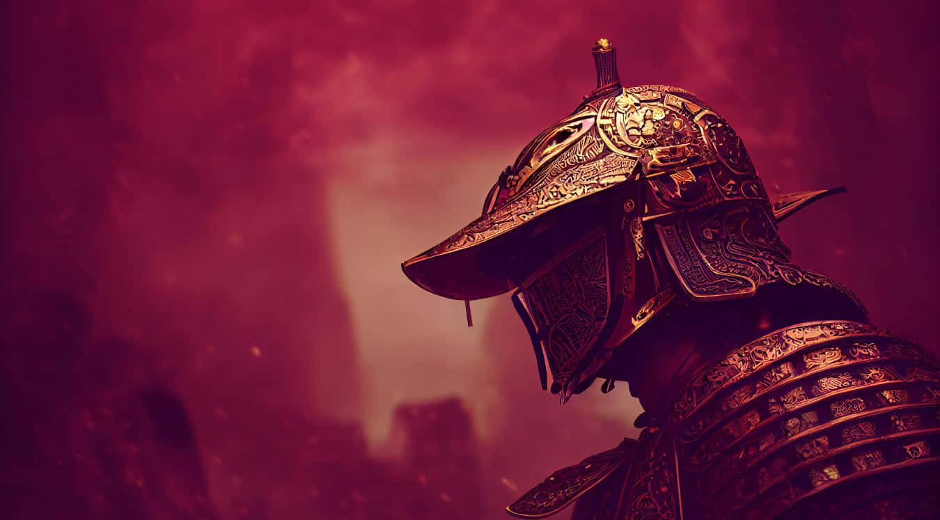 Samurai Armor 桌布 壁紙 — 一位身穿華麗金色鎧甲的武士武士，在熾熱的深紅色天空和遠處廢墟的映襯下，側面站立。