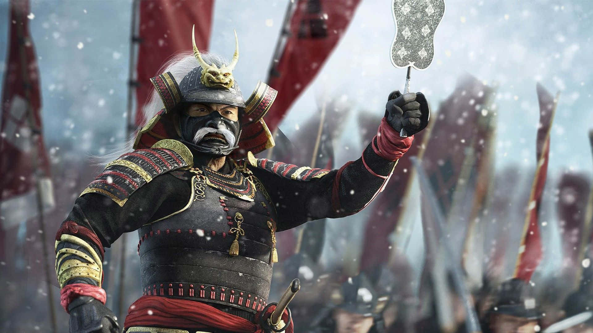 Shogun 桌布 壁紙 — 一位身穿華麗鎧甲的武士在飄雪中舉起軍配，身後有紅色旗幟。