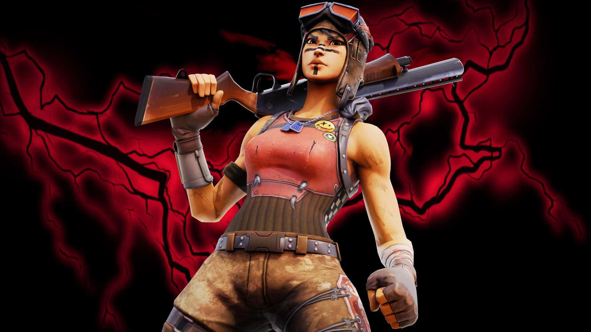Fortnite Skins Battle Royale 桌布 壁紙 — 一位身穿蒸氣龐克服裝的兇猛女戰士，手持霰彈槍，背景是紅色閃電。