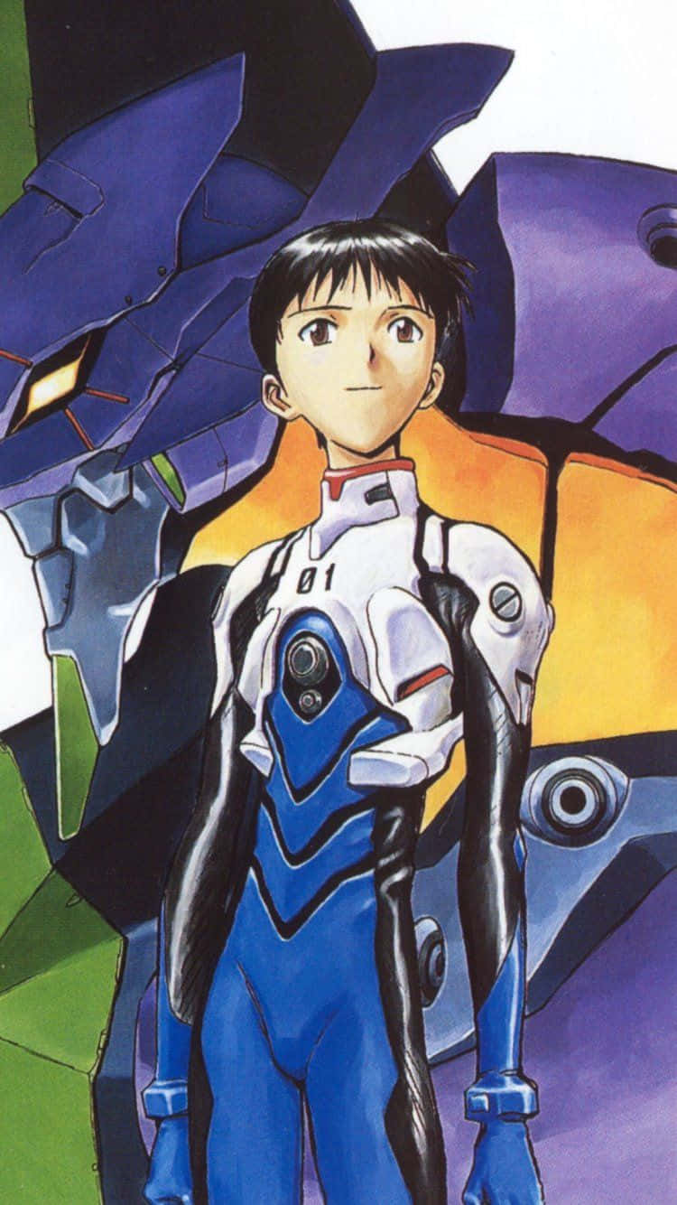 Shinji Ikari 桌布 壁紙 — 一位身穿藍白緊身衣的年輕動畫機師自信地站在一座高聳的紫色和橙色機甲前。