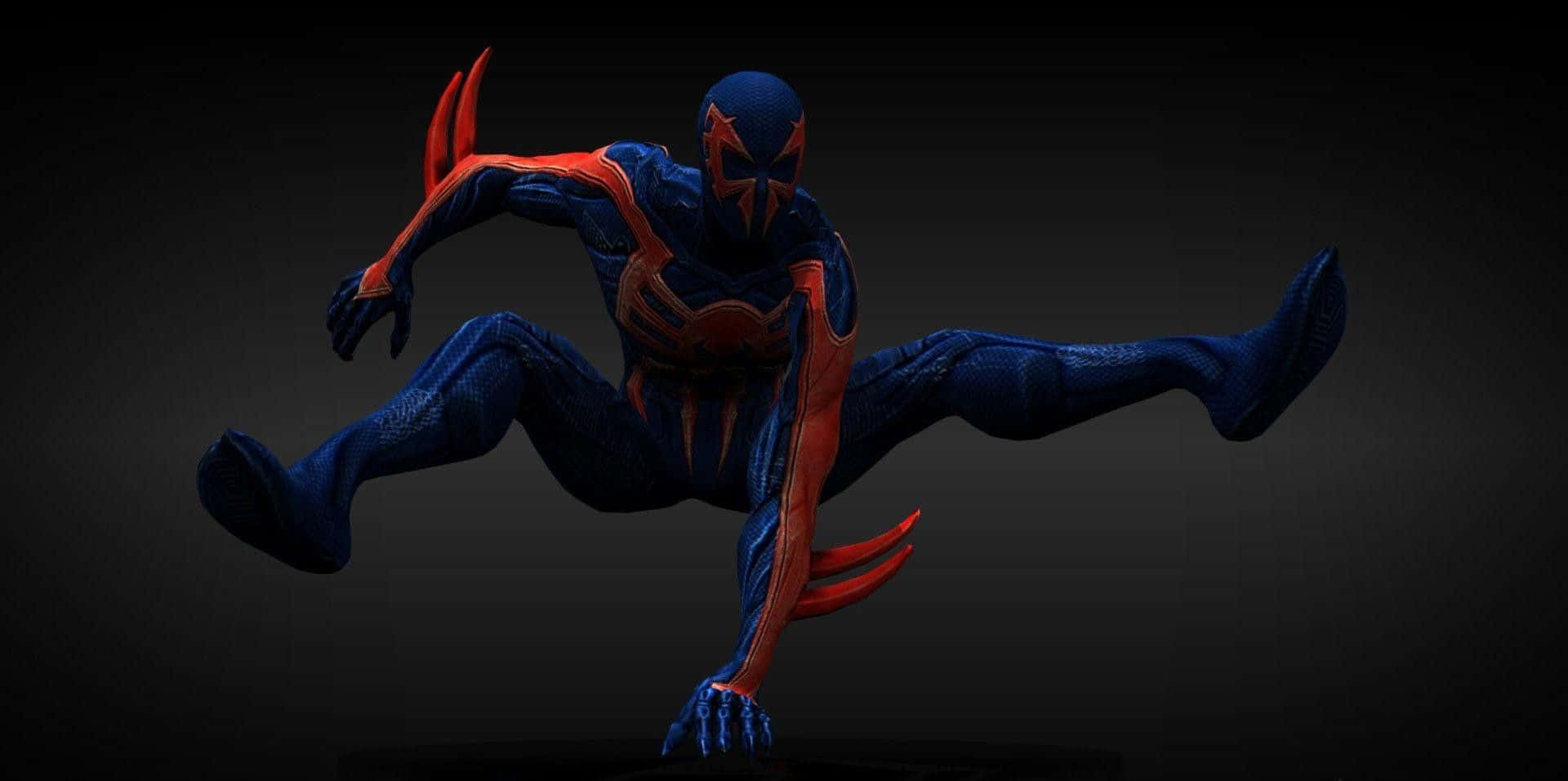 Spider Man 2099 桌布 壁紙 — 一位身穿藍紅戰衣的動感蜘蛛英雄在黑暗漸變背景前凌空蹲伏。