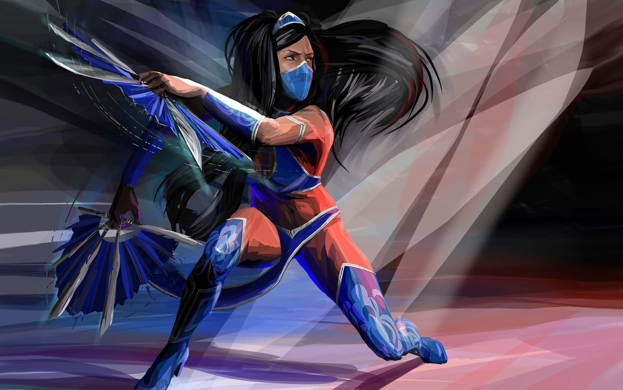 Mortal Kombat Kitana 桌布 壁紙 — 一位身穿藍紅盔甲的動態動漫戰士，在動態模糊的抽象背景前揮舞扇子武器。