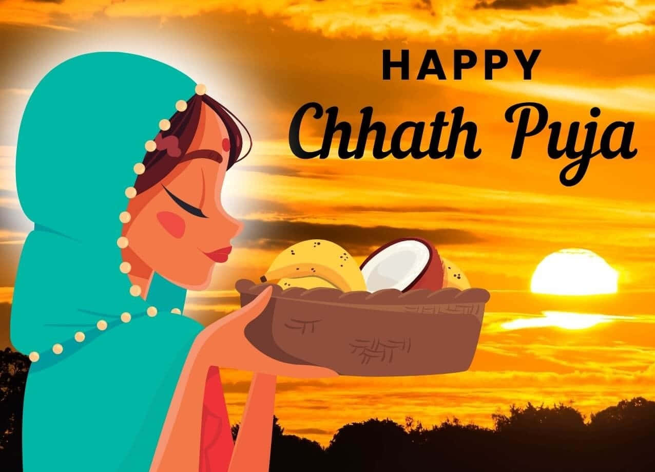 Chhath Puja 桌布 壁紙 — 一位身穿藍綠色服飾的女性，在充滿活力的日落時分，為Chhath Puja奉上一盤椰子和香蕉。