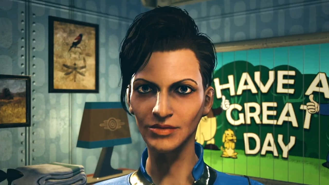 Fallout Characters 桌布 壁紙 — 一位身穿藍色制服嘅女人喺一個復古未來風格嘅房間入面向前望，後面有個寫住「Have a Great Day」嘅標誌。