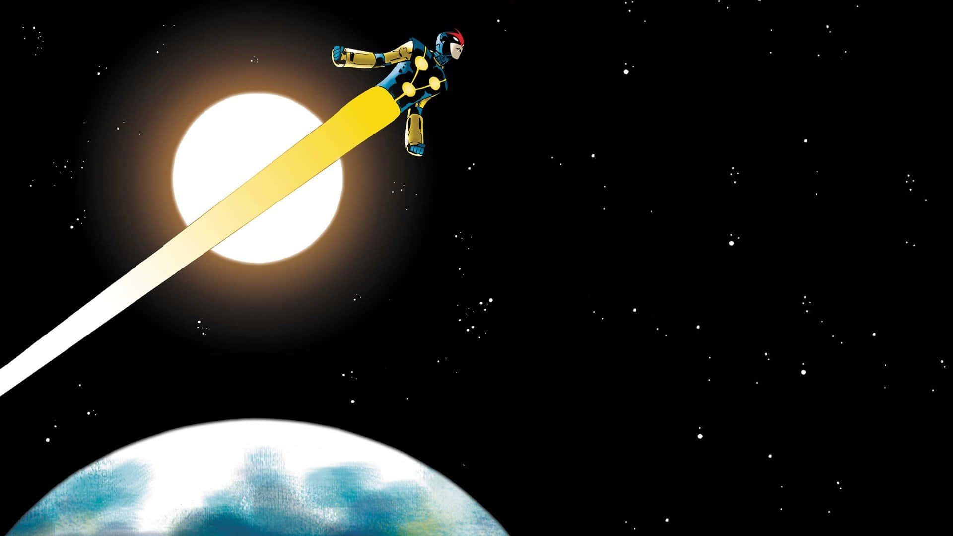 Nova Corps 桌布 壁紙 — 一位身穿藍色和金色套裝的超級英雄對角線飛越太空，留下一條明亮的黃色軌跡，朝向行星上方發光的太陽。