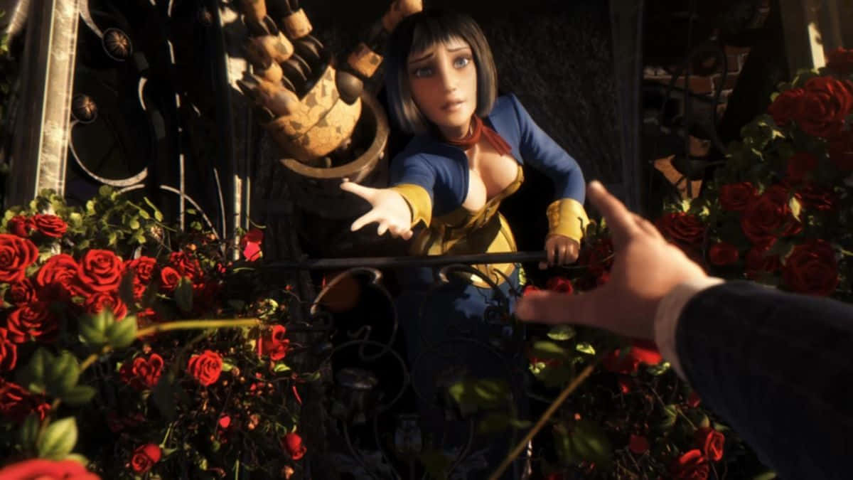Bioshock Characters 桌布 壁紙 — 一位身穿藍色和金色服裝的年輕女子穿過鍛鐵圍欄，伸向從前景伸出的手，周圍環繞著鮮豔的紅玫瑰。