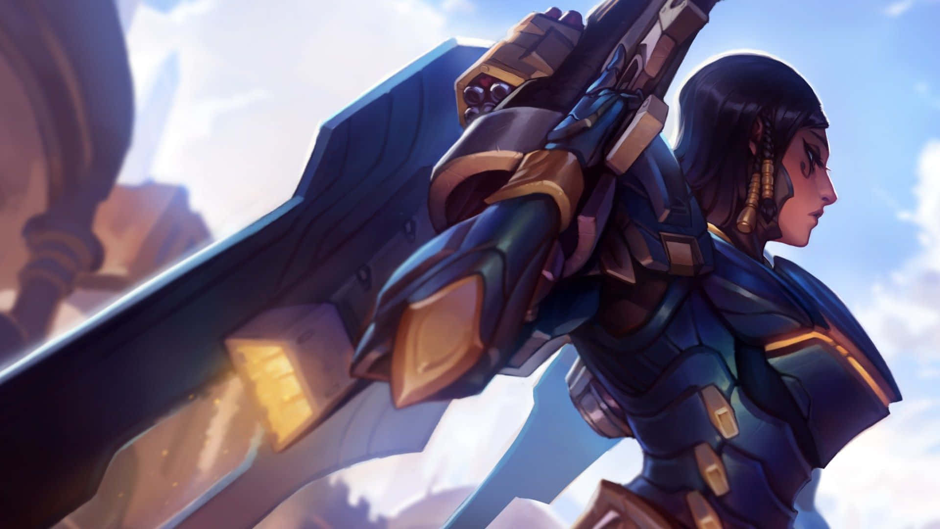 Overwatch Pharah 桌布 壁紙 — 一位身穿藍色和金色盔甲的戰士，在明亮的天空和柔軟的雲朵背景下，手持巨大的未來武器。