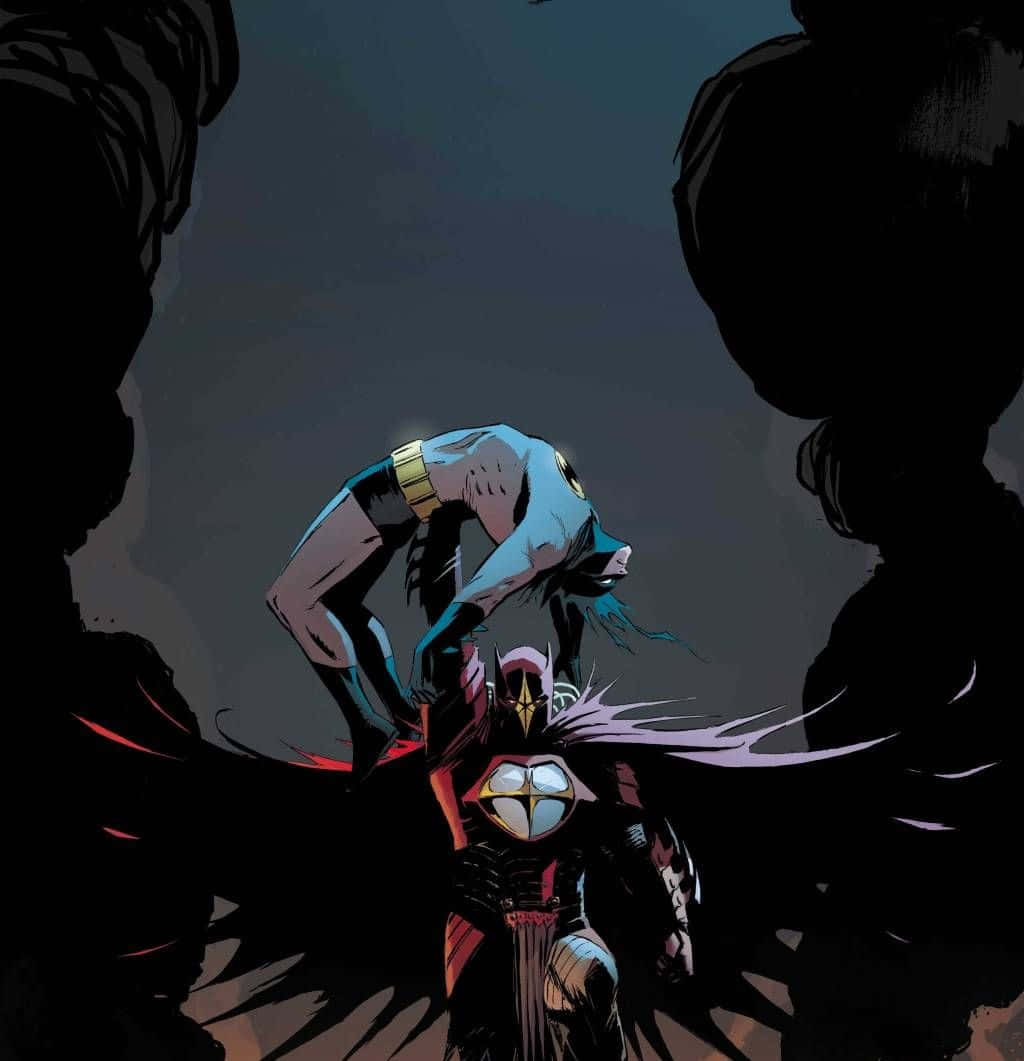 Batman Knightfall 桌布 壁紙 — 一位身穿藍色套裝的超級英雄在黑暗洞穴中彎腰俯視一個戴面具、胸前有發光標誌的人物。