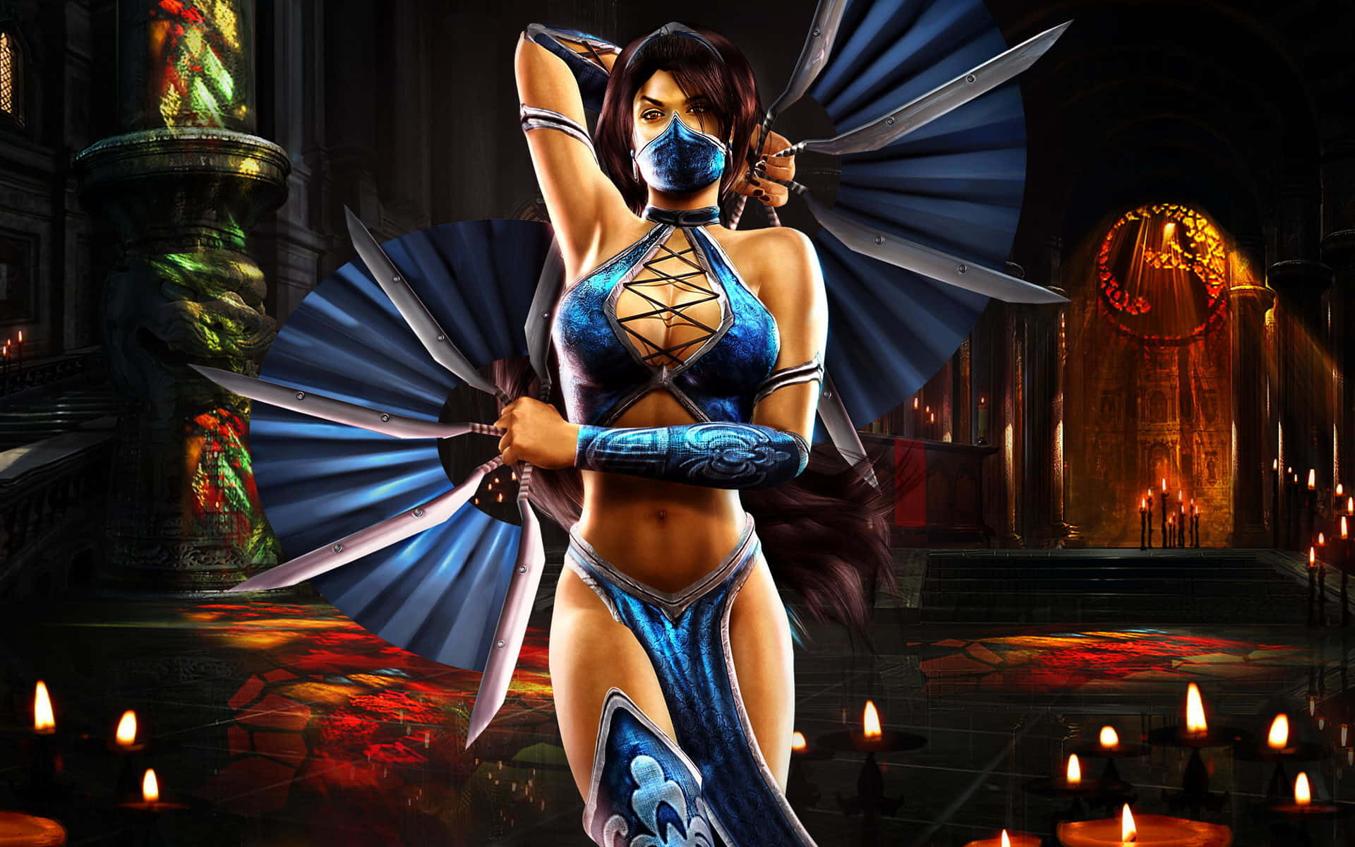 Mortal Kombat Characters 桌布 壁紙 — 一位身穿藍色服裝、戴著面具和扇刃武器的女戰士，在燭光閃爍的哥德式寺廟中蓄勢待發。