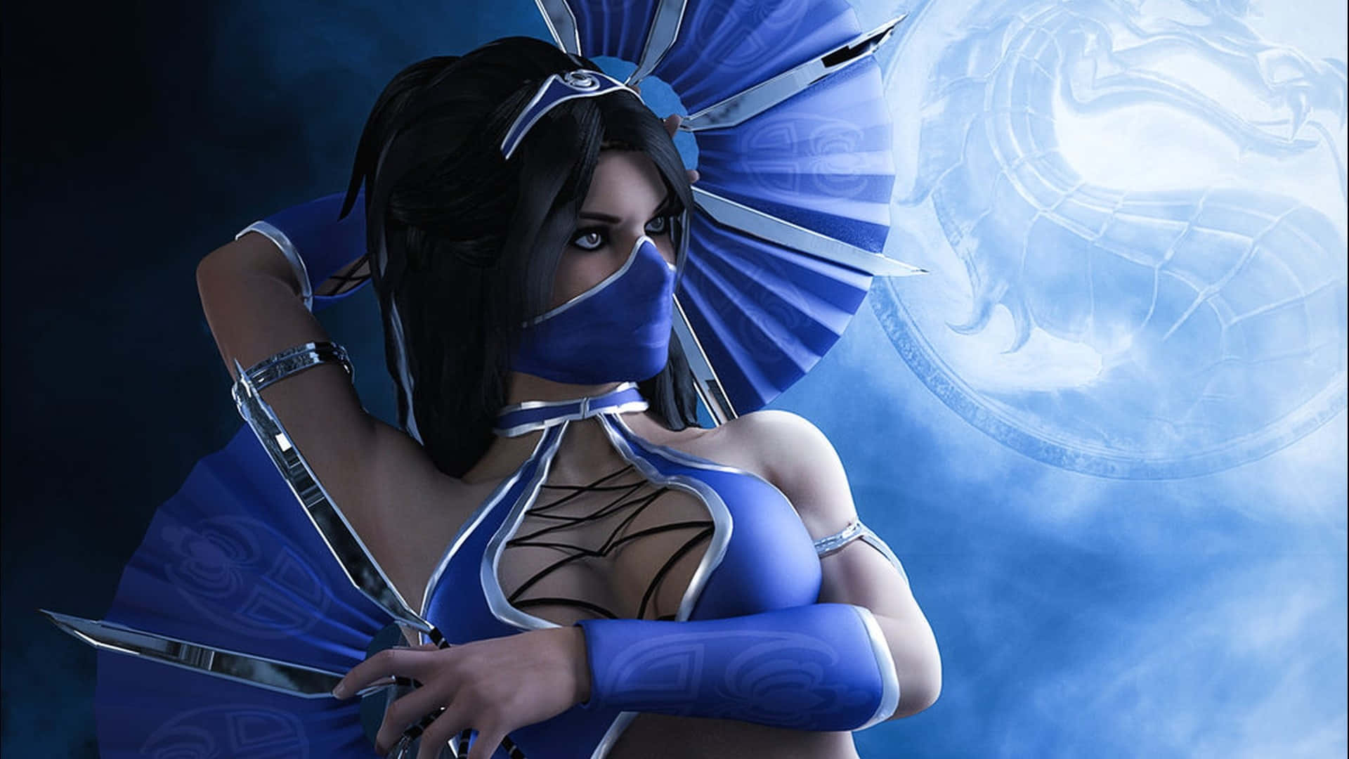 Mortal Kombat Characters 桌布 壁紙 — 一位身穿藍色服裝、戴著面具和扇子的女忍者，手持刀刃，對抗發光的龍形徽章。