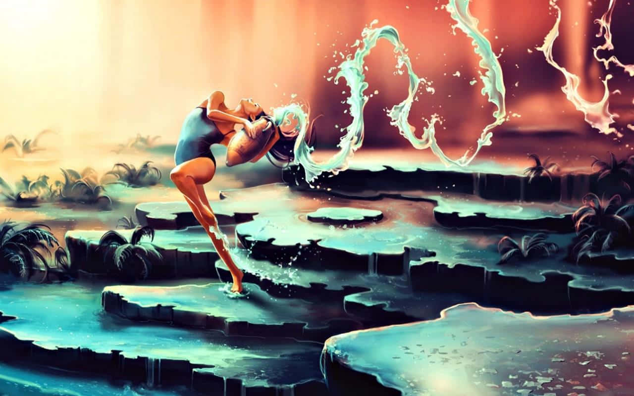 水瓶座 桌布 壁紙 — 一位身穿藍色泳衣的女性在溫暖的夕陽光芒中，優雅地躍過發光的碧綠瀑布，背景是超現實的熱帶景觀。