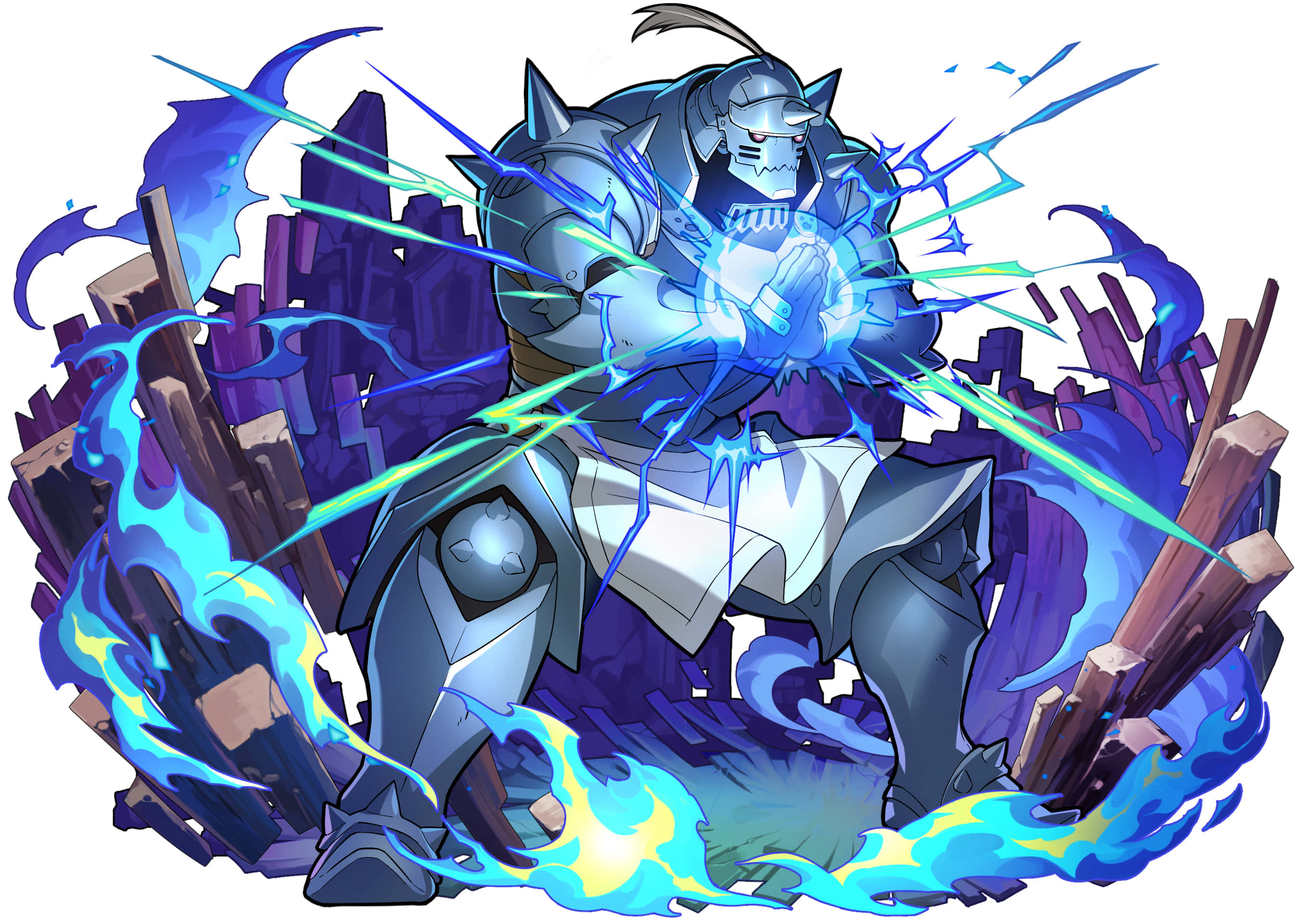 Alphonse Elric 桌布 壁紙 — 一位身穿藍色盔甲、戴著貓耳的騎士，在被電藍色火焰包圍的破碎城市景觀中引導發光能量。